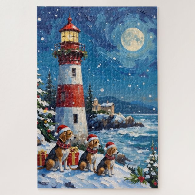 Beagle Christmas Lighthouse Holiday Jigsaw Puzzle (Vertical)