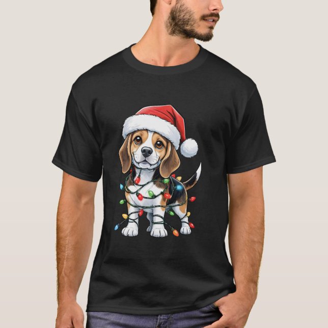 Beagle Christmas Lights Santa Hat Boys Girls Kids T-Shirt (Front)