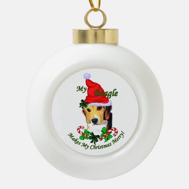 Beagle Christmas Merry Ceramic Ball Christmas Ornament (Front)