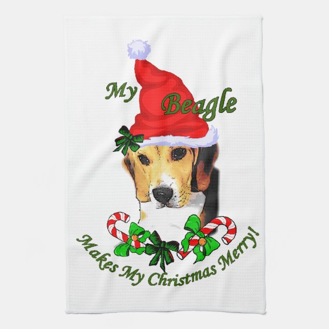 Beagle Christmas Merry Tea Towel (Vertical)
