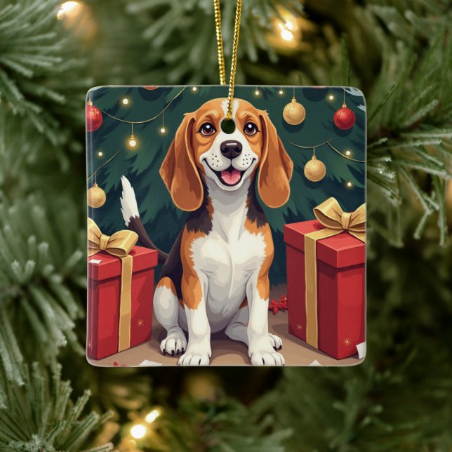 Beagle Christmas Morning Gift-Unboxing Painting Ceramic Ornament (Tree)