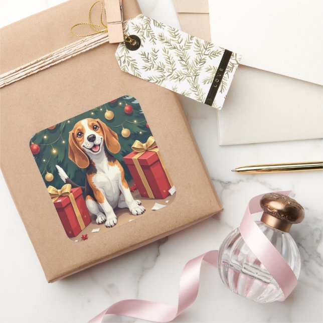 Beagle Christmas Morning Gift-Unboxing Painting Square Sticker (Gifting)