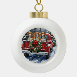 Beagle Christmas Red Truck Holiday Ceramic Ball Christmas Ornament