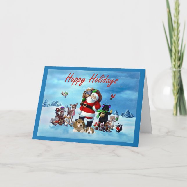 Beagle Christmas Santa and Animals Greeting Card (Front)