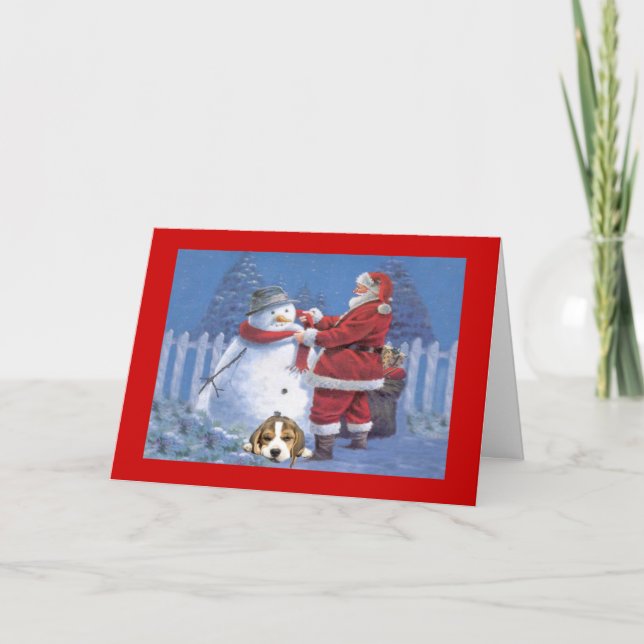 Beagle Christmas Santa and Snowman Greeting Card (Front)