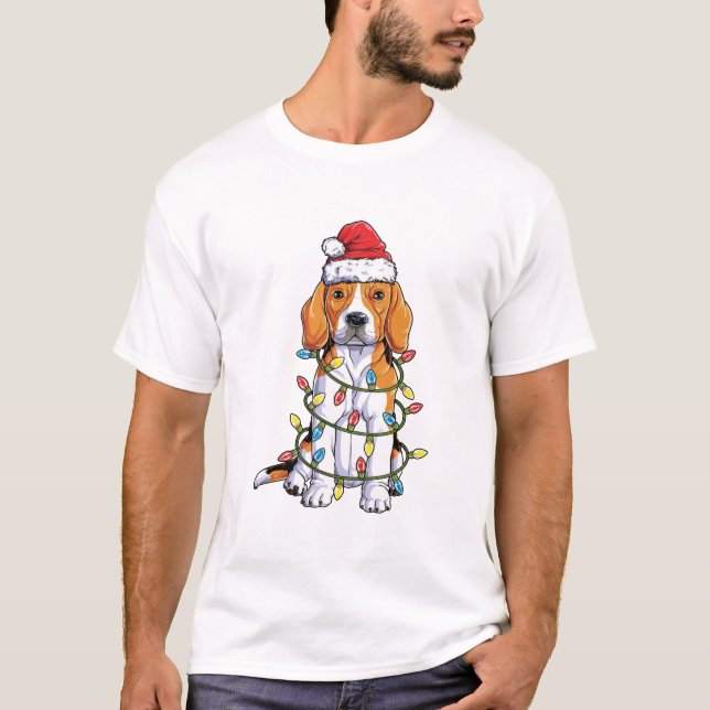Beagle Christmas Shirt Santa Hat Xmas tree Lights (Front)