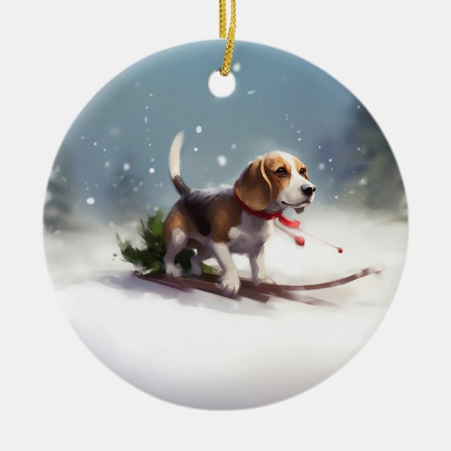 Beagle Christmas snow winter Ceramic Tree Decoration (Front)
