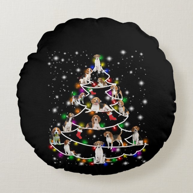 Beagle Christmas Tree Covered By Flashlight Round Cushion (Front)