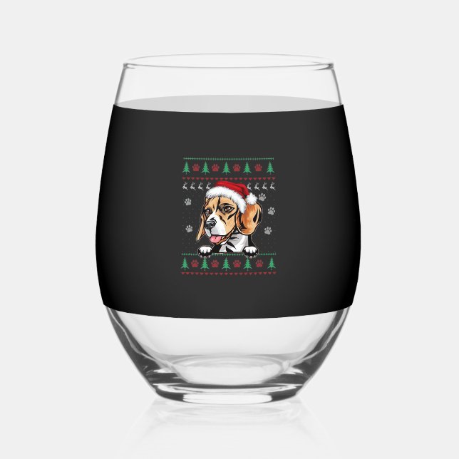 Beagle Christmas Uglyer Dog Xmas Oversized T-Shirt Stemless Wine Glass (Front)