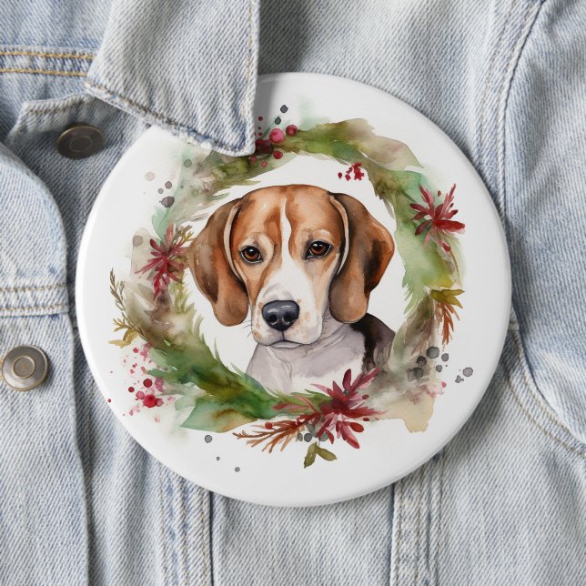 Beagle Christmas Wreath Festive Pup  6 Cm Round Badge (In Situ)