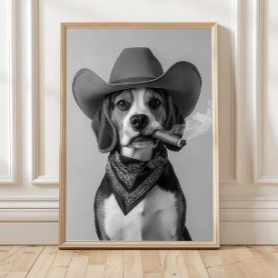 Beagle Cowboy Wall Art, Western Print, Black and Poster