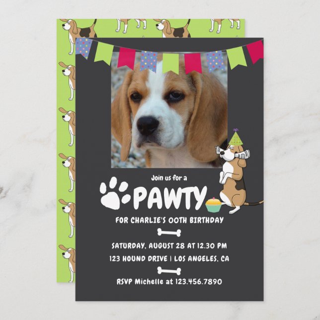 Beagle Dog Birthday photo invitation (Front/Back)