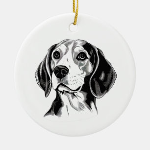 Beagle Dog Black and White Outline Silhouette Ceramic Tree Decoration