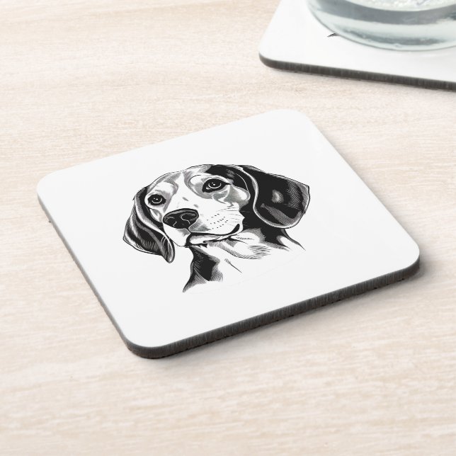 Beagle Dog Black and White Outline Silhouette Coaster (Left Side)