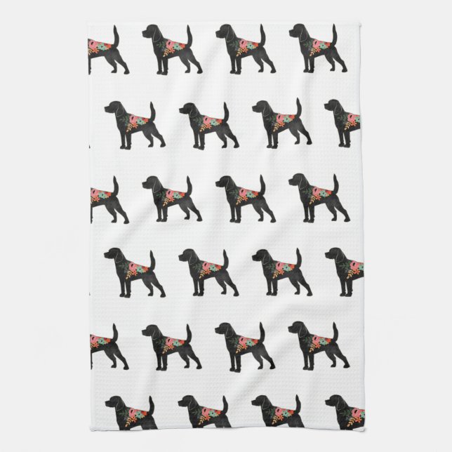 Beagle Dog Breed Boho Floral Silhouette Tea Towel (Vertical)