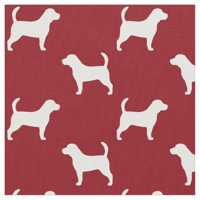 Beagle Dog Breed Silhouettes Pattern Red and White Fabric (Close Up)