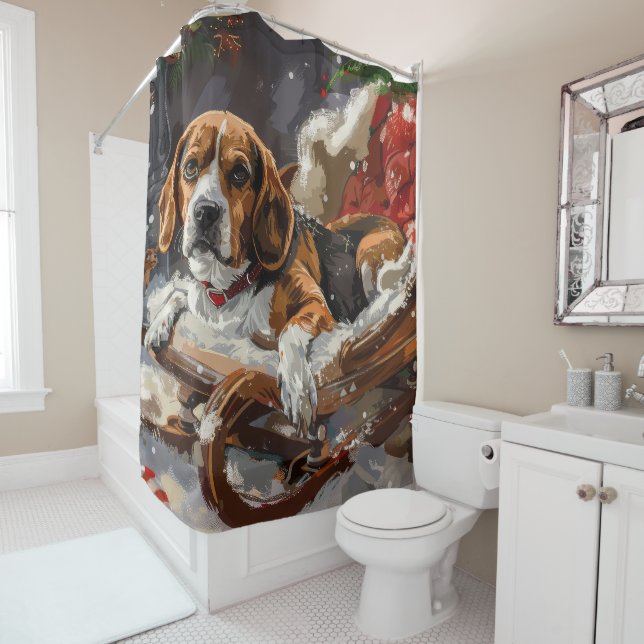 Beagle Dog Christmas Festive Shower Curtain (In Situ)