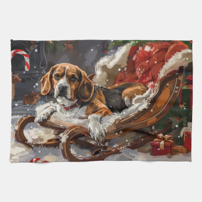 Beagle Dog Christmas Festive Tea Towel (Horizontal)