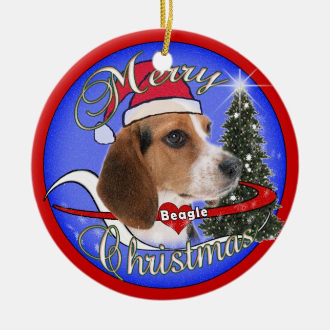 BEAGLE DOG CHRISTMAS ORNAMENT - SANTA HAT (Front)