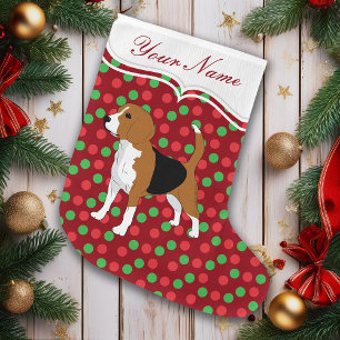 Beagle Dog Christmas Red Dots Personalised Large Christmas Stocking