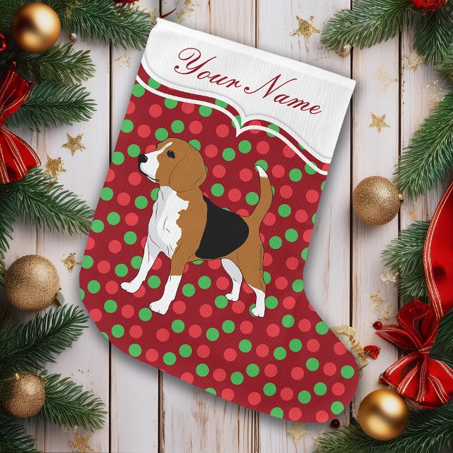 Beagle Dog Christmas Red Dots Personalised Large Christmas Stocking (Red Green Polka Dot Beagle Personalized Christmas Stocking)