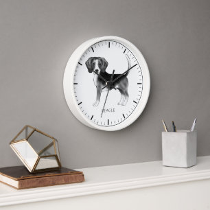 Beagle Dog Design In Black And White With Text Clock