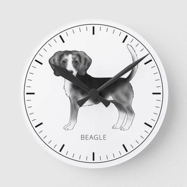 Beagle Dog Design In Black And White With Text Round Clock (Front)