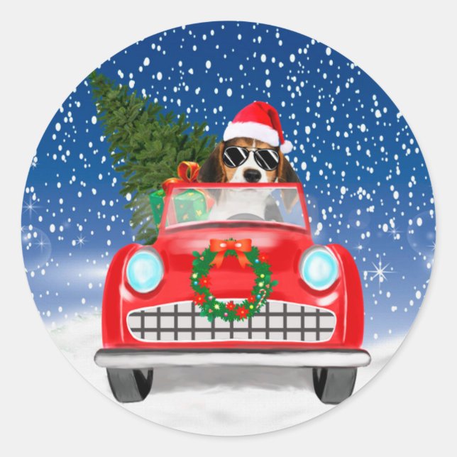 Beagle Dog Driving Car In Snow Christmas  Classic Round Sticker (Front)