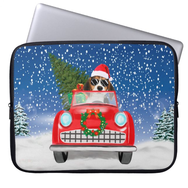 Beagle Dog Driving Car In Snow Christmas Laptop Sleeve (Front)