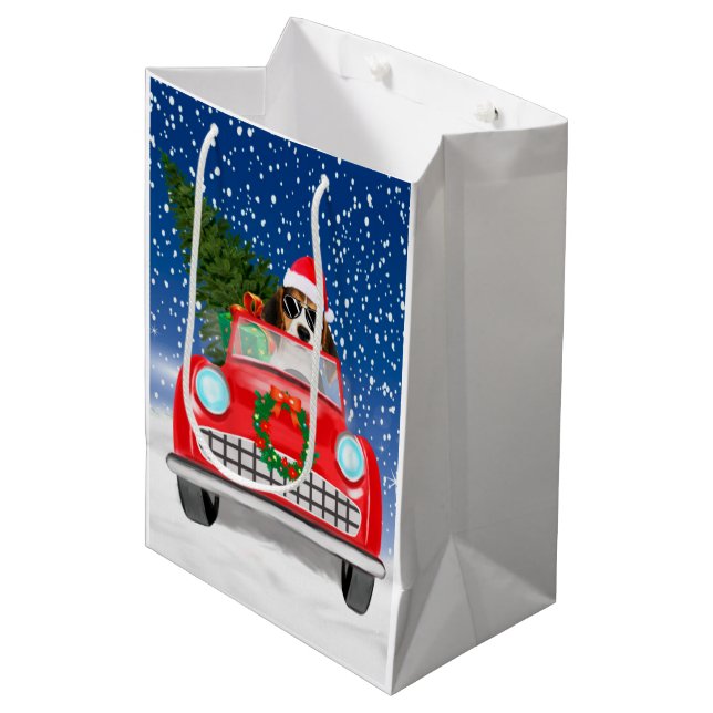 Beagle Dog Driving Car In Snow Christmas  Medium Gift Bag (Front Angled)