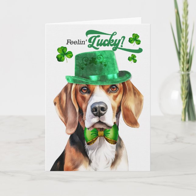 Beagle Dog Feelin' Lucky St Patrick's Day Holiday Card (Front)
