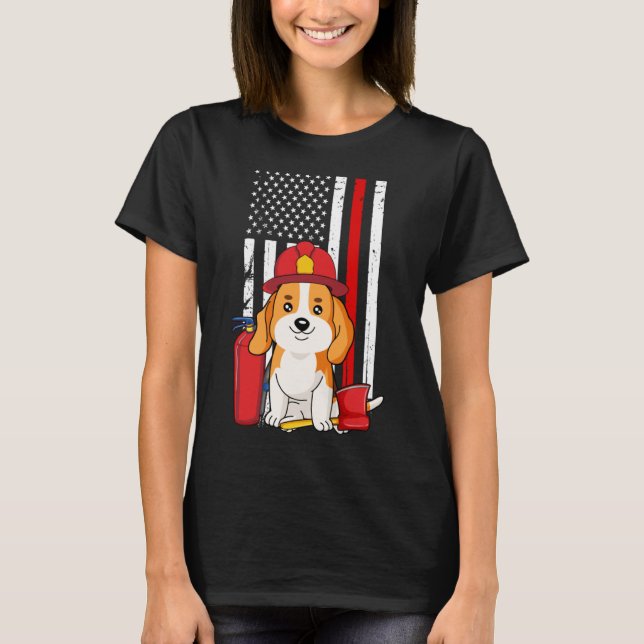 Beagle Dog Firefighter American Flag Thin Red Line T-Shirt (Front)