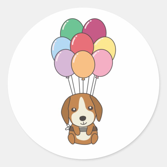 Beagle Dog Flies With Colourful Balloons Classic Round Sticker (Front)