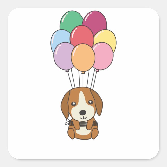 Beagle Dog Flies With Colourful Balloons Square Sticker (Front)