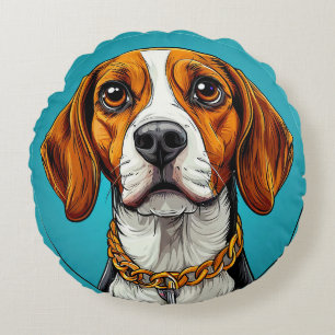 Beagle Dog in a Gold Chain Round Cushion