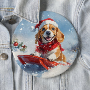 Beagle Dog in Sledge Let it Snow Christmas 6 Cm Round Badge