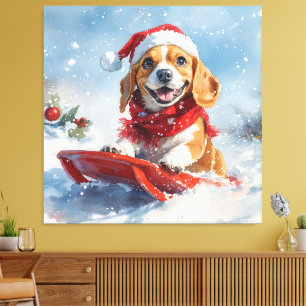 Beagle Dog in Sledge Let it Snow Christmas Canvas Print