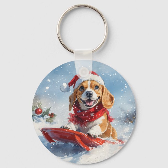 Beagle Dog in Sledge Let it Snow Christmas Key Ring (Front)