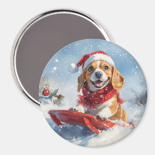Beagle Dog in Sledge Let it Snow Christmas Magnet