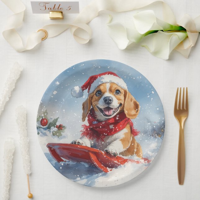 Beagle Dog in Sledge Let it Snow Christmas Paper Plate (Wedding)