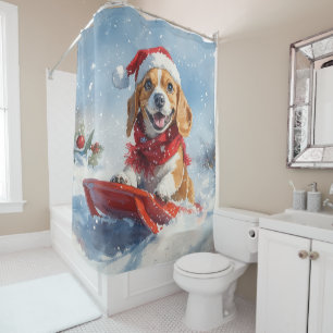 Beagle Dog in Sledge Let it Snow Christmas Shower Curtain