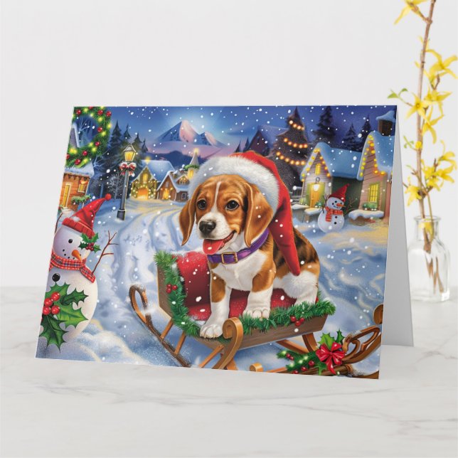 Beagle Dog in Sleigh Snow Christmas Card (Yellow Flower)