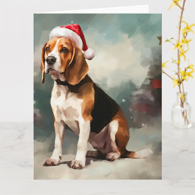 Beagle Dog in Snow Christmas  Card (Yellow Flower)