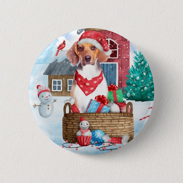Beagle Dog In snow Christmas Dog House 6 Cm Round Badge (Front)