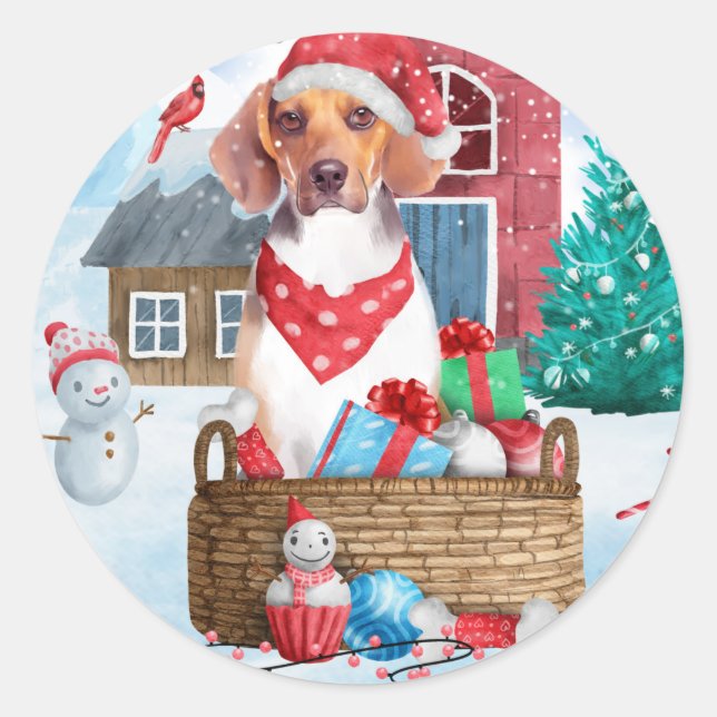 Beagle Dog In snow Christmas Dog House Classic Round Sticker (Front)