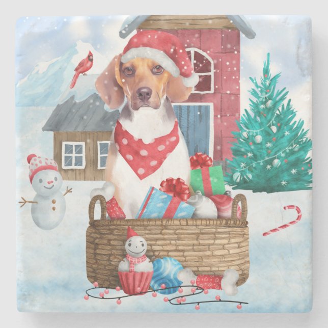 Beagle Dog In snow Christmas Dog House Stone Coaster (Front)