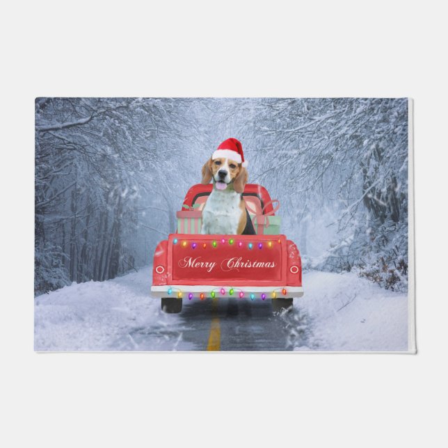 Beagle Dog in Snow sitting in Christmas Truck Doormat (Front)