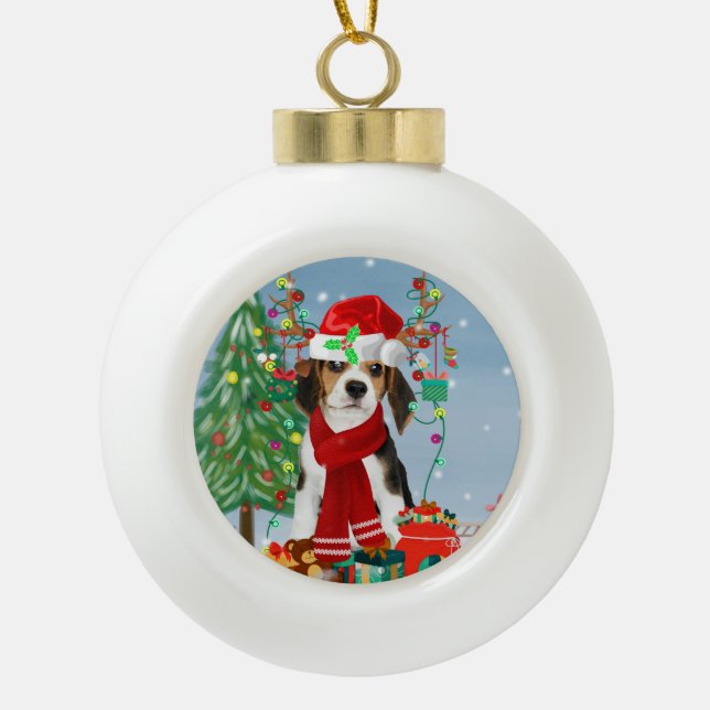 Beagle Dog in Snow with Christmas Gifts  Ceramic Ball Christmas Ornament (Front)