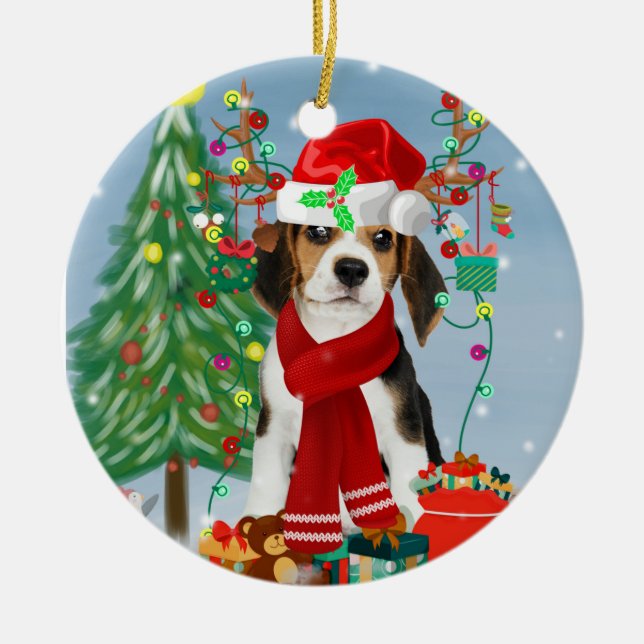 Beagle Dog in Snow with Christmas Gifts   Ceramic Tree Decoration (Front)