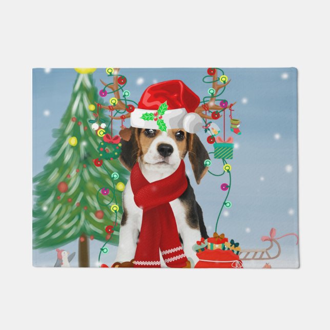 Beagle Dog in Snow with Christmas Gifts   Doormat (Front)